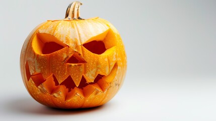 Fototapeta premium Closeup of a carved Halloween pumpkin with a spooky face, isolated on white background, copy space