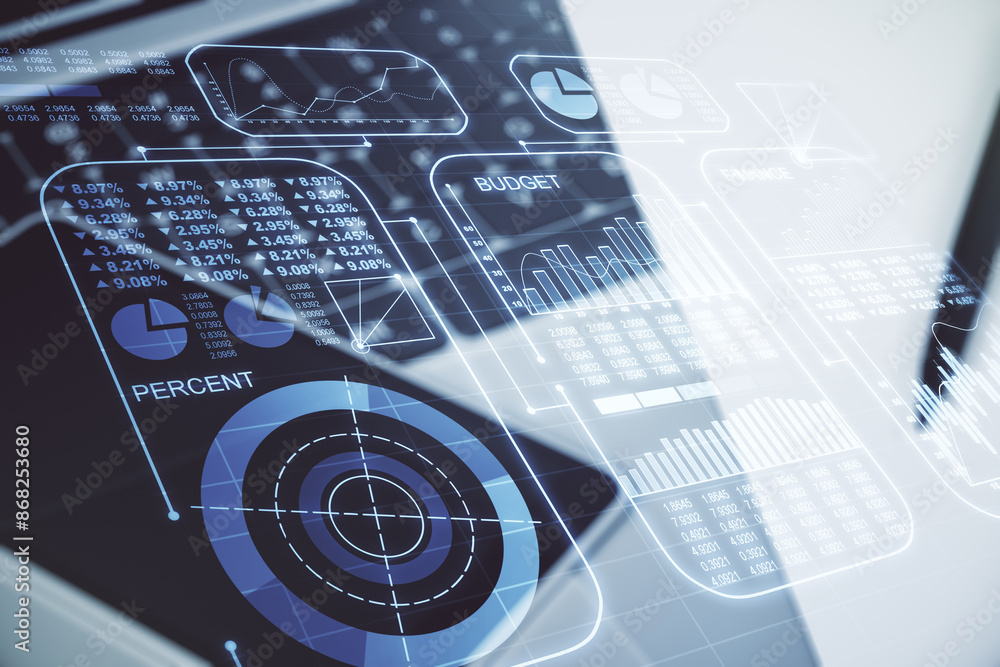 Poster double exposure of abstract creative statistics data hologram on laptop background, statistics and a