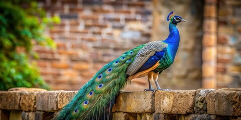 Obraz premium Peacock perched elegantly on a rustic wall, peacock, bird, colorful, wall, feathers, elegant, vibrant, wildlife, animal