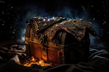 Fototapeta premium Close-up of a pirate's glove reaching for a treasure chest with night sky bokeh.