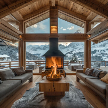 Fototapeta Elegant wooden chalet with fireplace Modern living room interior design with mountain view