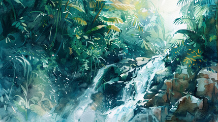 A dense jungle with a small waterfall cascading over rocks. Watercolor painting illustration.