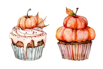 Halloween cupcake, watercolor clipart illustration with isolated background.
