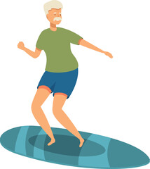 Happy senior man surfing on a surfboard, enjoying his retirement at the beach