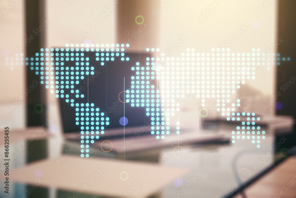 Poster multi exposure of abstract creative digital world map on laptop background, research and analytics c