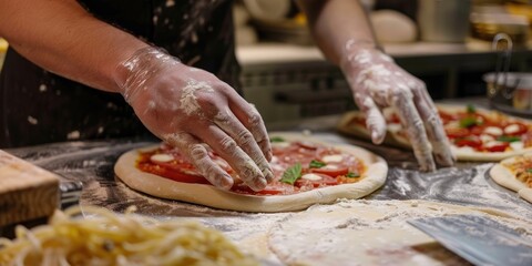 Hands expertly rolling out dough for pizza and pasta in a vibrant bakery kitchen, emphasizing culinary artistry, precision in food prep, and baking skills