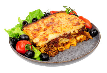 Pastitsio pasta meal with fresh salad and black olives