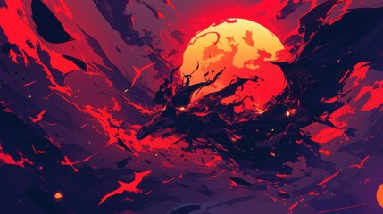 Fiery Apocalyptic Scene. Silhouette of a Dragon against a Blood Moon with Birds Flying, Concept Art, Fantasy Illustration