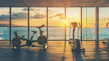 Exercising Bike and Treadmill Equipment in Modern Gym with Sea view and Sky in Background of Large Glass Windows, The sun's rays penetrate the big window into the luxury gym
