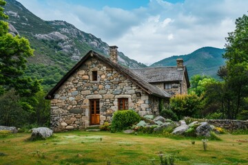 Stone House. Old Architectural Building in a Picturesque Village Landscape