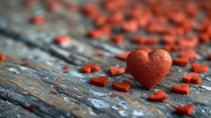 Fototapeta premium A Small Red Heart Sits on Top of a Wooden Table Surrounded by Small Red Hearts - Generative AI