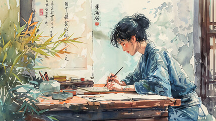 A person practicing calligraphy on a traditional desk. Watercolor painting illustration.