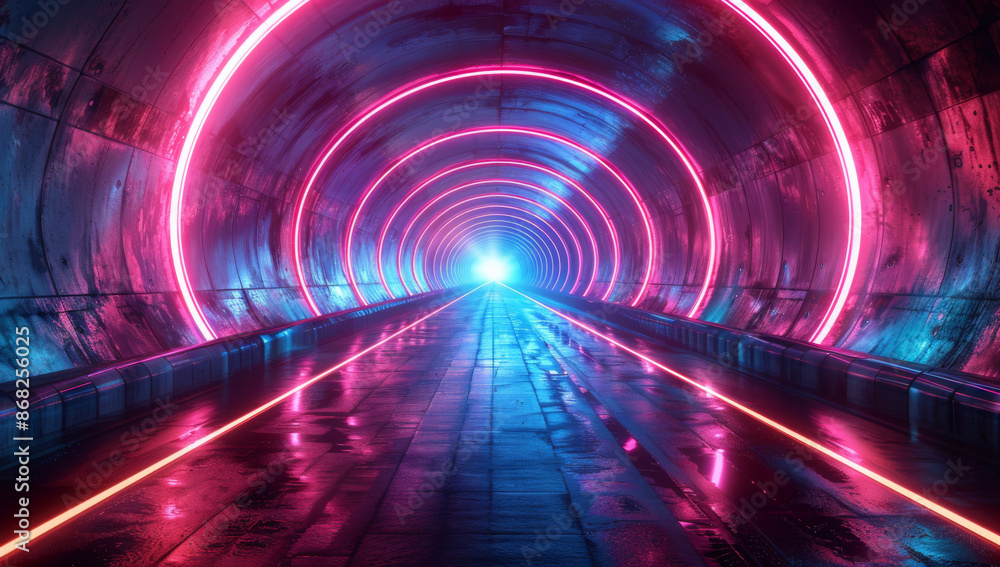 Poster a dark background with neon lights and laser beams, creating an immersive space for virtual reality 