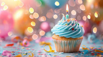 a vanilla cupcake with light blue frosting and a lit candle, surrounded by party decorations and confetti