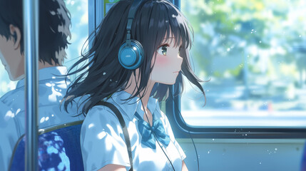 Girl anime listening to music on her headphones. Animation illustration of a young girl on train with her headphones relaxing. 