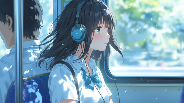 Girl anime listening to music on her headphones. Animation illustration of a young girl on train with her headphones relaxing. 