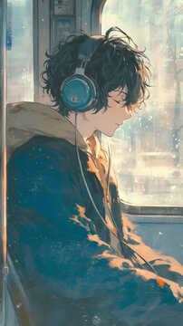 Boy anime listening to music on his headphones. Animation illustration of a young boy on train with his headphones relaxing. 