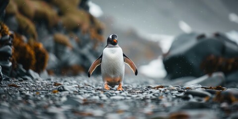 Fototapeta premium Penguin waddling during Antarctic expedition in Ushuaia, Argentina. Concept Wildlife Photography, Polar Adventure, Antarctic Expedition, Wildlife Conservation, Nature Excursions