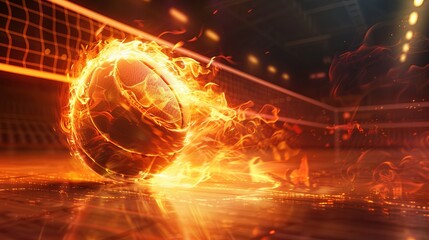 Obraz premium Fiery volleyball in motion, photorealistic, on a court under bright floodlights, dark background, dynamic action, and ample copy space.