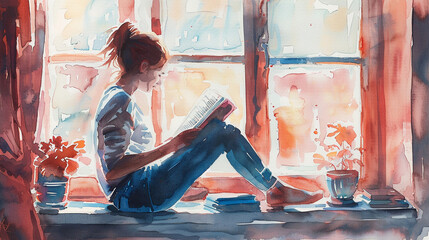 A woman sitting on a windowsill reading a book. Watercolor painting illustration.