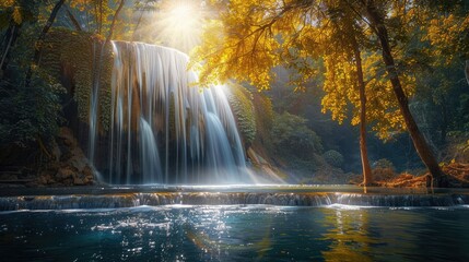 A waterfall in a serene forest glade, with sunlight filtering through the trees and illuminating the water