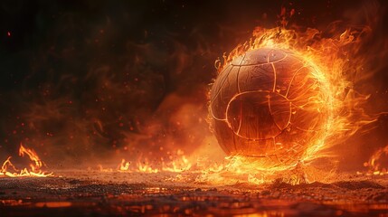 Photorealistic depiction of a flaming volleyball, mid-action on a floodlit court, dark background, dynamic movement, ample copy space.