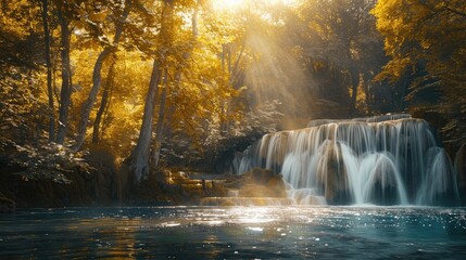 A waterfall in a serene forest glade, with sunlight filtering through the trees and illuminating the water