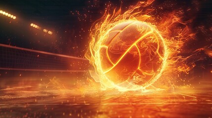 Fototapeta premium Volleyball on fire, in action on a court under floodlights, photorealistic with a dark background, emphasizing movement, with copy space.