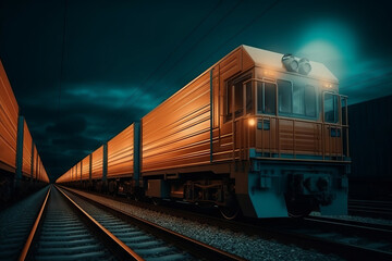Obraz premium A cargo train hauling containers and merchandise barrels travels down a railroad track through a rural landscape at night.