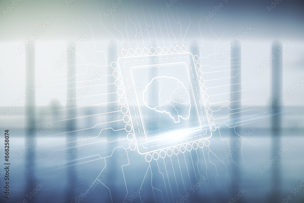 Aufkleber double exposure of creative artificial intelligence interface on empty modern office background. neu