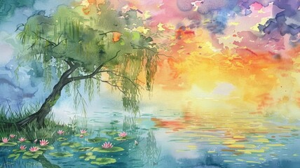 Watercolor Sky and Willow Tree A Serene Landscape of Solitude and Reflection - A tranquil pond mirrors a vibrant watercolor sky, with a lone willow tree gracing its edge. Its weeping branches shimmer 