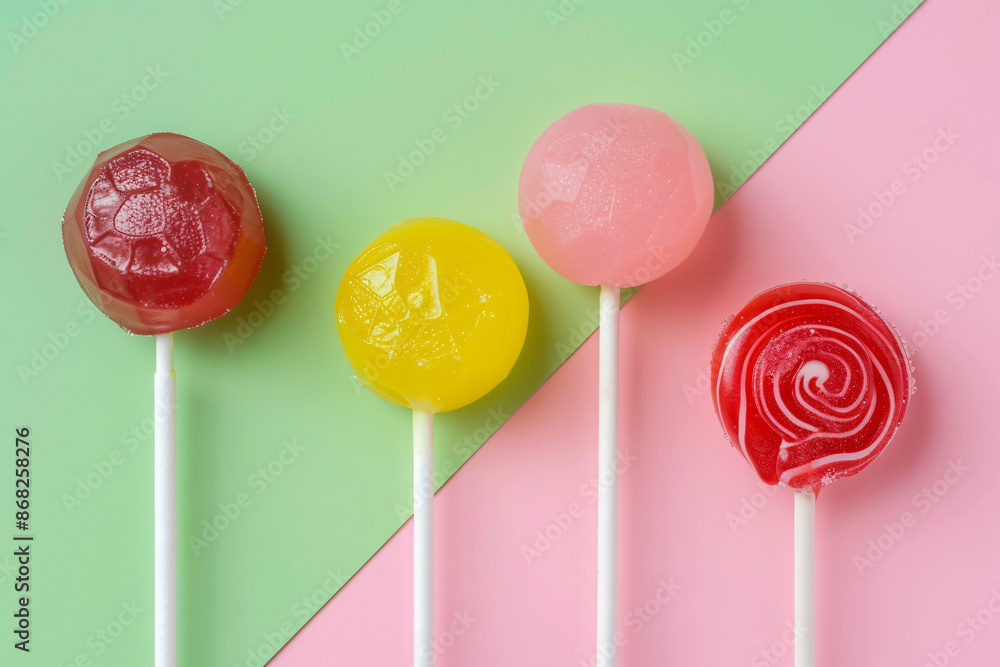 Poster a minimalist composition featuring lollipops arranged in a row on a pastel background, with soft sha