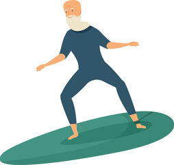 Fototapeta premium Senior man surfing on a green surfboard keeping balance with arms outstretched