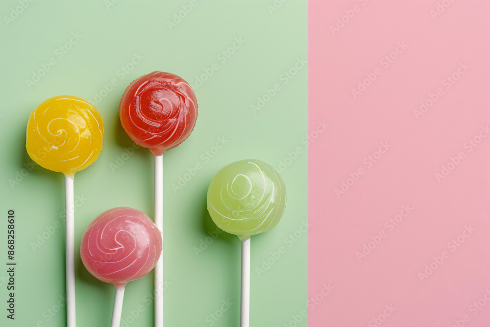 Poster a minimalist composition featuring lollipops arranged in a row on a pastel background, with soft sha