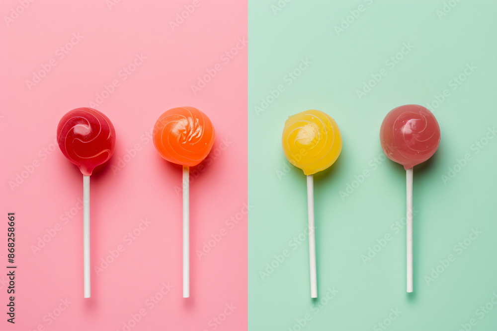 Poster a minimalist composition featuring lollipops arranged in a row on a pastel background, with soft sha