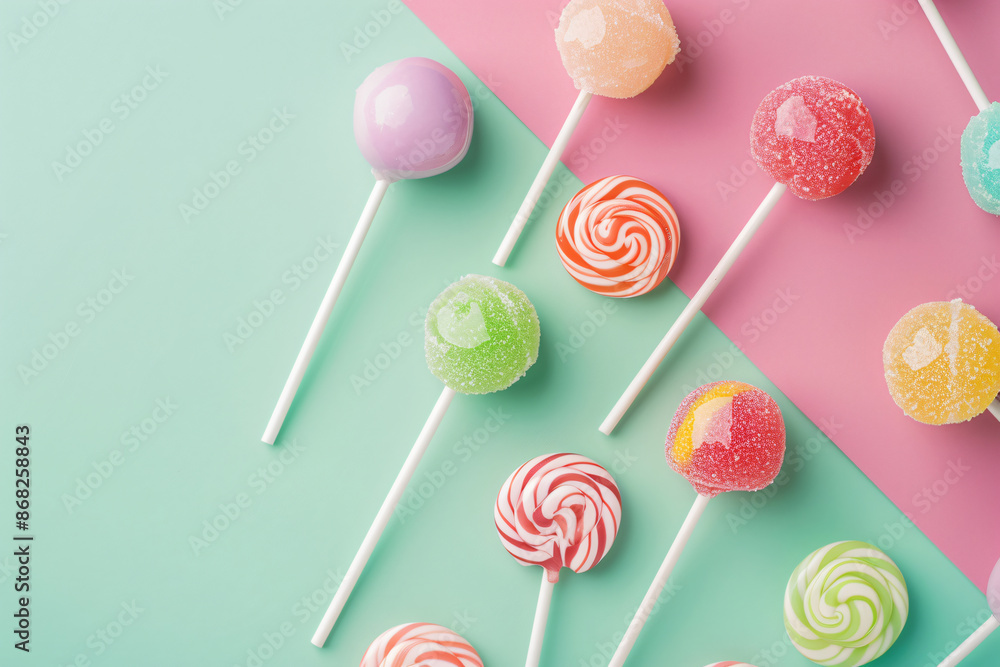 Poster a minimalist composition featuring lollipops arranged in a row on a pastel background, with soft sha