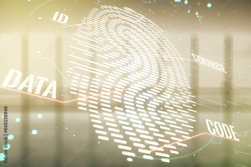 Poster multi exposure of virtual creative fingerprint hologram on empty corporate office background, person