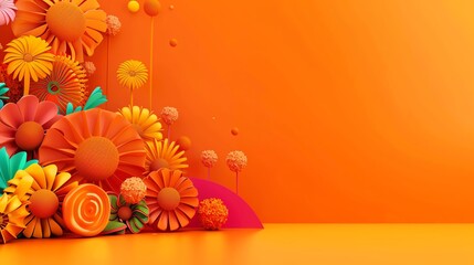 Obraz premium Colorful 3D paper flowers on vibrant orange background. Perfect for spring, summer, and cheerful design themes.