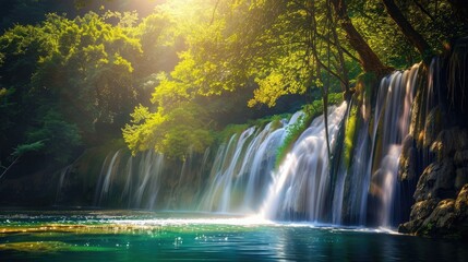 Fototapeta premium A waterfall in a serene forest glade, with sunlight filtering through the trees and illuminating the water