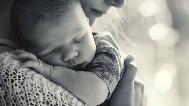 mother lie near the baby and tenderly touching him; softly parent control; sleeping cute baby; maternity concept, world breastfeeding week - Powered by Adobe