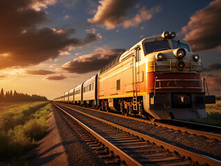 Fototapeta premium A cargo train hauling containers and merchandise barrels travels down a railroad track through a rural landscape at night.