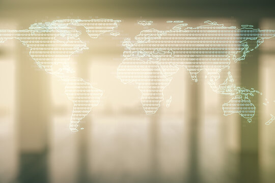 Multi exposure of abstract creative digital world map hologram on empty corporate office background, tourism and traveling concept