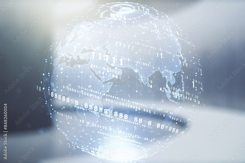 Poster abstract virtual coding concept and world map hologram on empty corporate office background. multiex