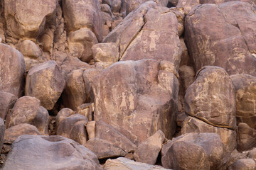 Ancient egyptian inscriptions and hieroglyphs on Famine stela in Aswan, Egypt
