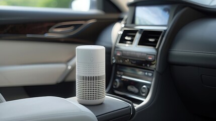 Compact air purifier device designed for personal spaces such as car interiors or cafe settings, showcasing innovative technology for enhanced air quality and comfort on the go