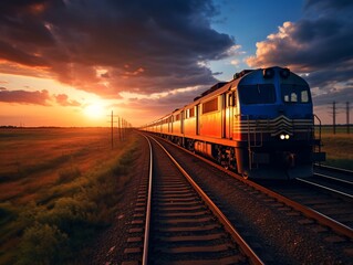 A cargo train hauling containers and merchandise barrels travels down a railroad track through a rural landscape at night.