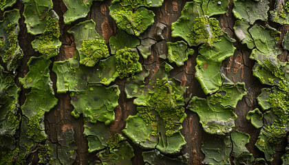Background of brown tree bark with moss, close-up. Relief natural texture of oak trunk for publication, screensaver, wallpaper, postcard