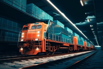 Obraz premium A cargo train hauling containers and merchandise barrels travels down a railroad track through a rural landscape at night.
