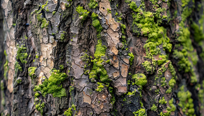 Background of brown tree bark with moss, close-up. Relief natural texture of oak trunk for publication, screensaver, wallpaper, postcard