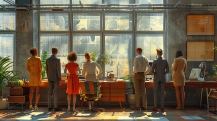 Obraz premium An eclectic mix of professionals standing in an office, their backs facing the viewer as they look out the window. 
